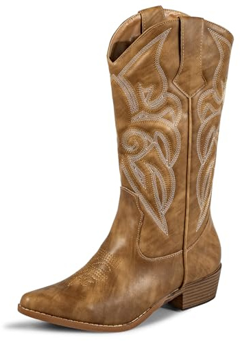 J's.o.l.e Bottes de cowboy pour femme - Bottes western de cowgirl - Broderie classique - Talon épais - Chaussures mi-mollet, peau, 38 EU