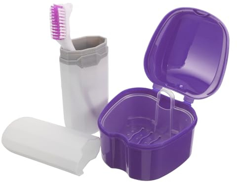 Beaupretty Trousse de Soin pour Prothèse Dentaire avec Brosse à Dents Souple, Étui Étanche Violet, Petite Boîte Blanche, Kit Portable de Nettoyage pour Voyage et Hygiène Bucco-dentaire
