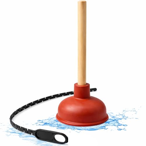 Desatascador Tuberias Profesional con Ventosa de Goma 11 cm y Mango de Madera 23 cm + Desatascador de Cremallera 45 cm – Ventosa Desagüe para Fregadero, Ducha y Lavabo