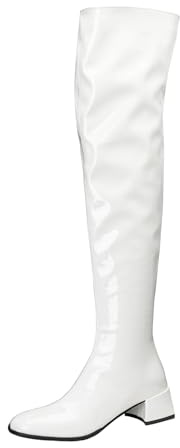 TNMIUH Botas Mosqueteras Sexy para Mujer de Charol, Botas Elegantes por Encima de la Rodilla con Tacón Ancho, Estilo Retro Años 60 70 Gogo Boots - Negro Blanco Rojo,Blanca,41 EU