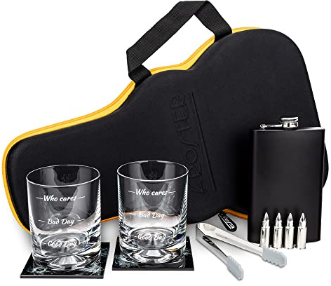 Froster Guitar Whisky Set – Who Cares, 2 Gläser mit Füllhöhen, Flachmann, 4 Whisky-Steine, Eiszange, 2 Untersetzer