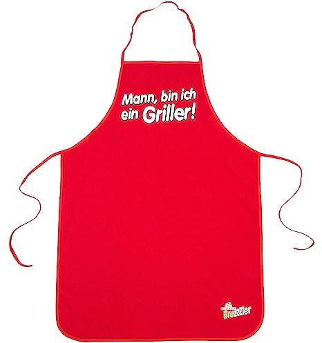 Bruzzzler delantal barbacoa con motivo estampado, delantal barbacoa, protección parrilla, delantal barbacoa y cocina, puro algodón, sisas y cordón trasero, ajustable, Tamaño: 67 x 97 cm, Rojo