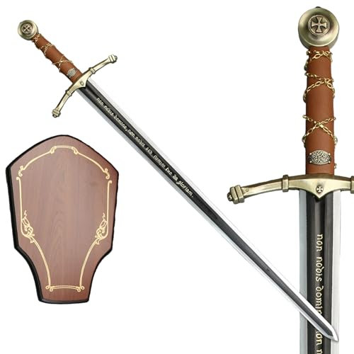 Großes Schwert 112 cm mit Präsentationstafel echt Metall Templerschwert Keine Scheide Nicht Scharf Dekoratives für Mittelalter zur Rekonstruktion oder als Geschenk SW-601