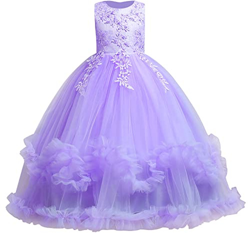 IBTOM CASTLE Enfants Filles Robe de Soirée Brodées Princesse Pageant Robes de Bal Longue en Dentelle Première Mariage Communion Anniversaire Photographie Robe Violet 9-10 Ans
