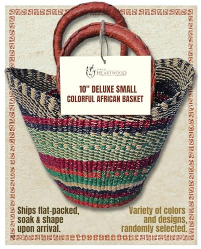 Africa Heartwood Project - Deluxe Small Colorful African Shopping Basket with Leather Handle - Classic Heartwood Bolga Market Basket from Women in Bolgatanga, Ghana - 10 U-shape Flat-packed