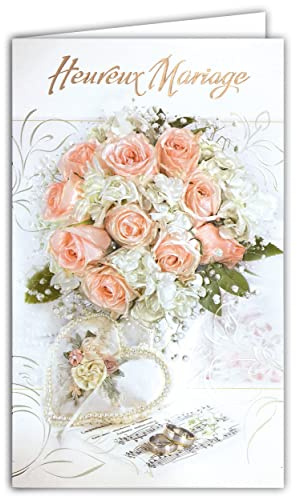 13-6142 Carte avec Enveloppe blanche Heureux Mariage qui brille EN RELIEF Bouquet de Roses la mariée 2 Alliances Cœur Collier Perles Papier Nacré Gaufré Félicitations Style traditionnel