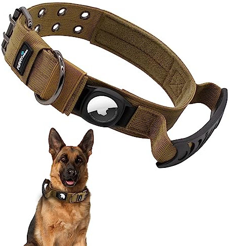 Furry Friends Airtag Hundehalsband, Taktisches Gepolstert Nylon Halsband Hund mit Griff, Verstellbare Metallschnalle GPS Hundehalsbänder für Mittlere Große Hunde(Braun, M)