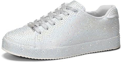 LUCKY STEP Damen Glitzer Sneaker mit Platform Strasssteinen | Funkelnde Glitzernde Hochzeits-Brautschuhe für Damen (Silberner Strassstein, 9US-40EU-7UK)