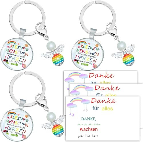 3PC KLEINE MENSCHEN brauchen so große Herzen wie Deins Geschenk Abschied Erzieherin Tagesmutter Kita Kindergarten Perlenengel Schlüsselanhänger