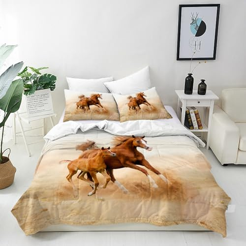 ANHOPE Running Horse Duvet Cover Set, Double Size 200x200cm | Western Wildlife Mare and Foal Print, Soft Microfibre, 2 Pillowcases 50x75cm, Printed Bedding Quilt Cover Set for All Seasons