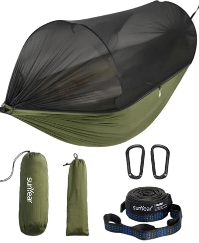 Sunyear Camping Hammock with Net - Double&Single Hammock with House-Like Net- Easy Setup & Pack, Lightweight & Portable, Perfect for Hiking, Backpacking, Outdoor Sleeping