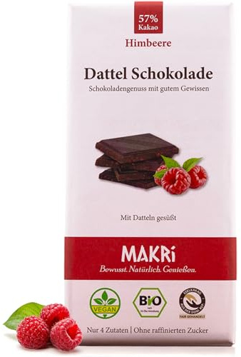 MAKRi Dattel Schokolade | Vegan & Bio, Laktosefrei und Glutenfrei, Ohne Zusatzstoffe | Dattelschokolade Ohne Raffinierten Zucker, Schokolade mit Datteln Gesüßt (1 Tafel, Himbeere 57%)