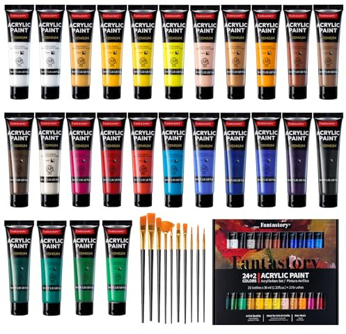 Fantastory Acrylfarben Set 26 Tuben × 36 ml; exzellente Deckkraft,hohe Lichtechtheit,wasserfest Acrylic Paint,mit zusätzlichem Weiß & Gold;für Leinwand,Holz,Keramik,Modelle;Künstler,Profis,Anfänger
