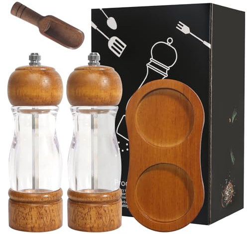2pcs Salt and Pepper Grinder Set Wooden with Base & Salt Spoon, Salt Grinder Refillable Travel Gifts Set Black Pepper Grinder Manual Cruet Sets Salt and Pepper Mills Sea Salt Spice Grinder Manual