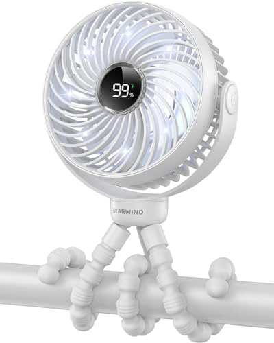 Bearwind Ventilador portátil para cochecito de bebé recargable por USB con luz LED nocturna, 4 velocidades y trípode extraíble 360° – para viaje, coche y cuna