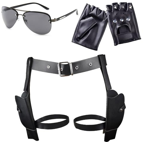 Doppia Fondina Pistola Cintura Nera Fondina Cosciale Tattica, Occhiali Da Sole Neri Guanti Pelle Senza Dita Donna Porta Pistola Gamba Accessori Carnevale Poliziotta Donna