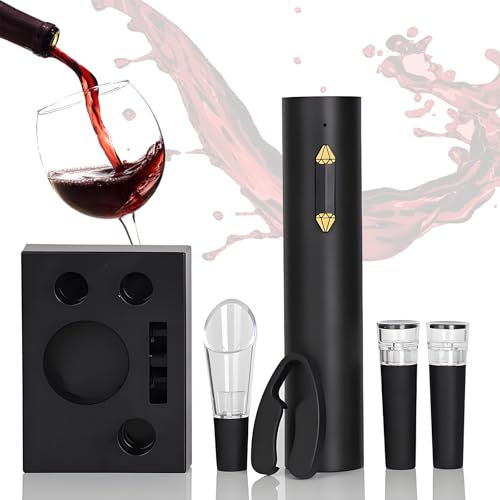 Juego de abridor de vino eléctrico 5 en 1, sacacorchos recargable con estación de carga USB, cortador de aluminio, tapón de vacío, aireador, vertedor y base, juego de regalo para entusiastas del vino