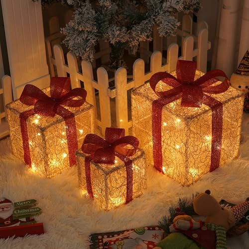 Aluusy Lot de 3 Boîtes à Cadeaux Lumineuses de Noël, 50 LED Boîtes Cadeaux à LED de Noël avec Minuterie et Télécommande, 8 Modos Coffrets Cadeau Lumineux de Noel Ornements pour Sapin de Noel