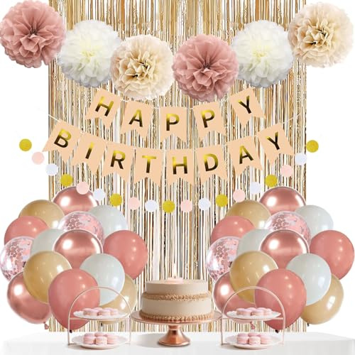 Globos de fiesta retro en rosa, pancarta de cumpleaños bohemia con pompones y borlas, decoración rústica neutra para mujeres Bday Día de la Madre Aniversario Fiesta de compromiso Decor.