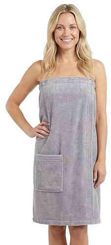 LAYNENBURG Premium bastukilt dam med knappstängning – 10 % bomull – Öko-Tex 100 – bastuhandduk för kvinnor – frotté bastuhandduk, kilt med elastiskt band för wellness, spa och bastu (XL-XXL ljusgrå)