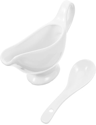 Generico Salsiera da Tavola in Ceramica Bianca con capacità 175ml, Design Antigoccia e Cucchiaio Profondo per Servire Salse e Sughi a Tavola