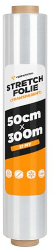 Förpackning stretchfolie 17 min transparenta 500 mm x 300 m 1 rulle rivtålig flyttfolie pallfolie folie folie Bara plastfolie 1 Rolle 17my transparent