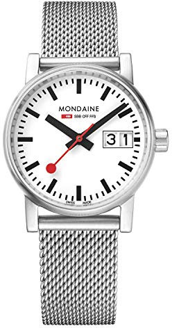 Mondaine - Evo2 MSE.30210.SM - Damen Uhr 30mm - Bahnhofsuhr in Silber mit Datumsanzeige - 30m Wasserdicht Saphirglas mit rotem Sekundenzeiger - Hergestellt in der Schweiz