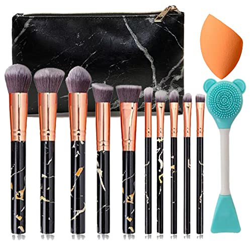 NEVSETPO Marble Black Makeup Brushes, 12Pcs Make Up Brushes for Women Travel-Friendly Makeup Bag, Brushes & Sponges, Beauty Blenders, Synthetic Eyeshadow Contour Make-up Gift for Teenage Girls Kids