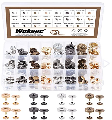 Wokape Kit Assortiment de 65 Pièces 4 Couleurs 14 mm et 18 mm Fermetures Aimantées Magnétiques Rondes, Ensemble de Fermetures à Boutons pour Sac à Main, Sac à Bandoulière avec Rondelle, Parfait pour