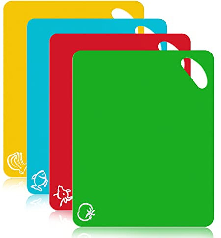 MixcMax Kitchen Plastic Chopping Board Set: Extra Thick Flexible Cutting Board Mats, Kitchen Gift with Colour Coded & Holder, Dishwasher Safe, Camping Cooking Equipment, Set of 4, Multicolour