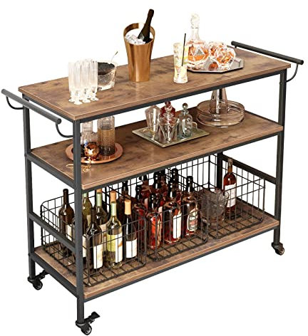 SogesHome Home Servierwagen Küchenwagen Getränkewagen Bar Rolling Weinwagen mit 3-Tier Lagerung Regale Küche Bar Wagen mit Rädern und Griff Universal Rollen mit Bremsen, Rustikales Braun