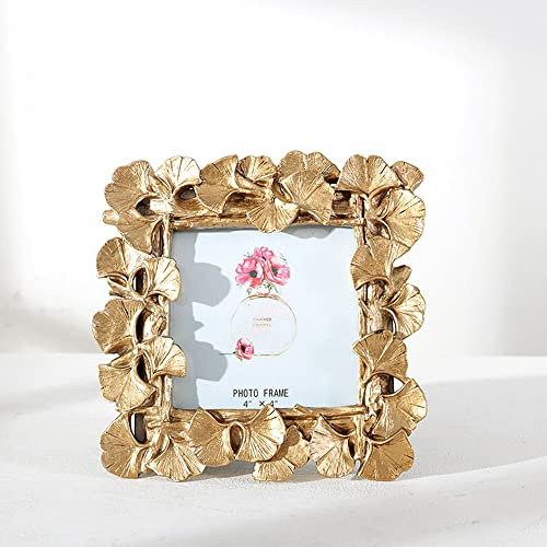 JOSON Vintage Photo Frame, Ginkgo Biloba Resin Gold Frame for Desktop Display and Wall Mount Home Decor (4 X4 Square)