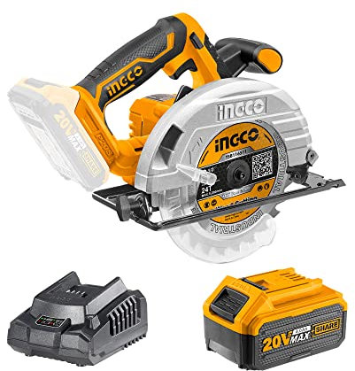Sierra Circular Inalámbrica INGCO 20V con 4.0 Ah Batería Set, HSS Hoja de 165mm 24 Dientes, Profundidad de Corte 38mm (45°), 55 mm (90°), Guía de Metal (4.0 Ah)