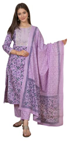Meera Fab Women's Cotton Printed Grey Printed Straight Embroidery Kurta With Palazzo & Dupatta, Lavender, XX-Large