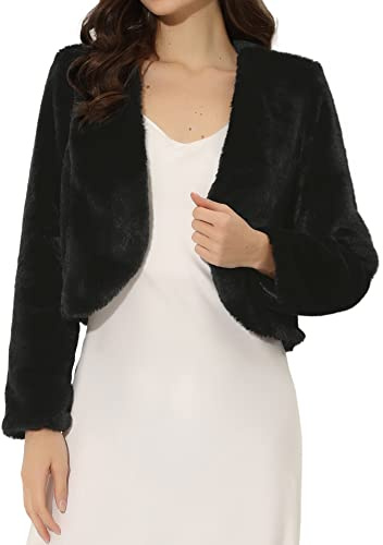 Allegra K Women's Cropped Jacket Faux Fur Long Sleeve Wedding Bolero Coat | Open Front, Evening Gowns Shrugs with Pockets