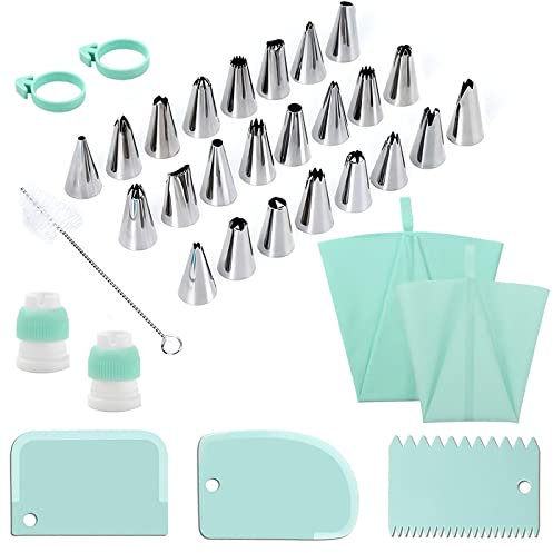 Joyeee Piping Bags and Nozzles Set, 34pcs Piping Tips Reusable Silicone Piping Bag Icing Piping Kit with Cake Scraper Clean Brush, Baking Supplies DIY Tools for Cake Decorating Puff Cookie Cupcake