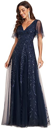 Ever-Pretty Robes de Soir e Femmes Longues Manches Volants Tulle Paillettes de Feuilles Col V Chic Bordeaux 36