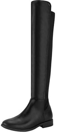 Shoe'N Tale Thigh High Over The Knee Boots for Women Flat Low Heel Fall Winter Stretch Suede Long Round Toe Boots(6,Black pu)