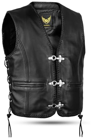 Leatherick Chaleco de Moto para Hombre de Cuero Negro Auténtico de Grano Completo - Diseño Clásico Trenzado, Cordones Laterales y Cremallera, Chaleco de Motociclista con Hebillas de Anzuelo