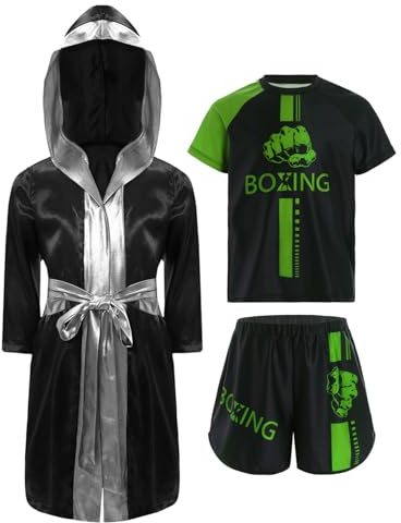 Oyolan Enfant Garçon Short de Boxe et T-shirt Peignoir Robe de Boxe à Capuche Ensemble Combat Muay Thai MMA Kick Boxing A Vert 7-8 ans