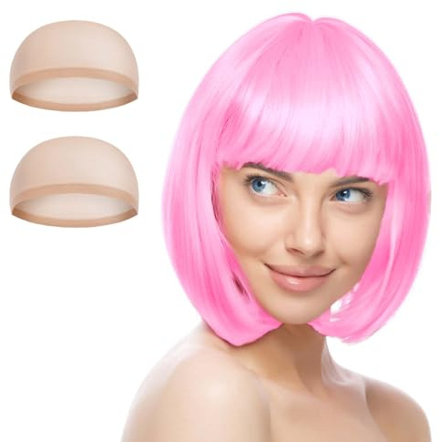 AUYAO Short Bob Wig for Women, 3 Pack Short Pink Bob Wigs Set with 2 Wig Caps, Neon Fancy Dress Accessory Cosplay With Bangs, Synthetic Straight for Daily Halloween Party