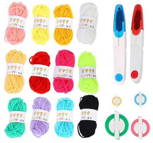 TAGMEIU Kit per realizzare pompon, 4 dimensioni con filato in 12 colori, 4 creatori, 2 forbici, palline di lanugine fai da te, per bambini e adulti