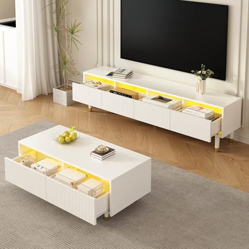 Ligterra Juego de muebles de salón, mueble de TV con 4 puertas y mesa de café con 2 cajones, diseño de madera dorada, iluminación LED, estructura ondulada y frontal acrílico, espacio de almacenamiento