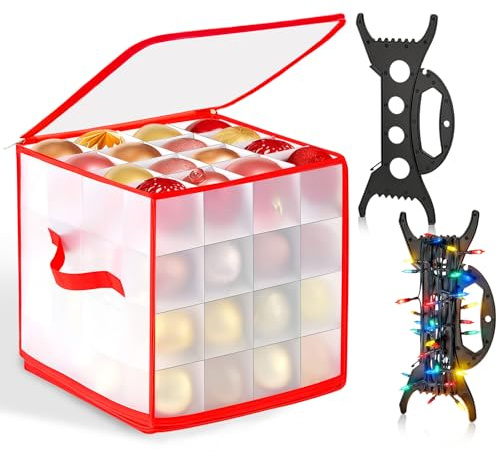 Contenitore per Palline di Natale Plastica, 4 Livelli di Vassoio Rimovibile 64 Compartimenti da 7cm, Scatole per Conservazione Decorazioni Natalizie, Scatole Portaoggetti Con 2 Avvolgicavo in Plastica