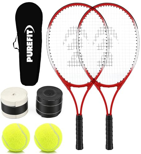 PUREFIT Tennis Racket Set 2 Players with Aluminium Alloy Frame - 2x Adult Tennis Rackets, 2x Tennis Balls, 2x Spare Grips & 1x Carry Bag – Ideal Beginner & Casual Tennis Set for Outdoor