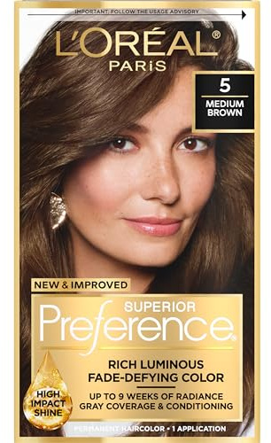 L'Oreal Paris Superior Preference Luminous Fade-Defying Permanent Hair Color, Hair Dye For Up to 9 Weeks of Radiance, Medium Brown 5, 1 Hair Dye Kit