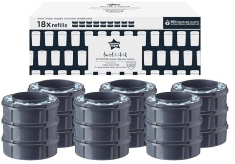 Tommee Tippee Twist & Click Nappy Bin Refill Cassettes, Sustainably Sourced Antibacterial GREENFILM, Pack of 18