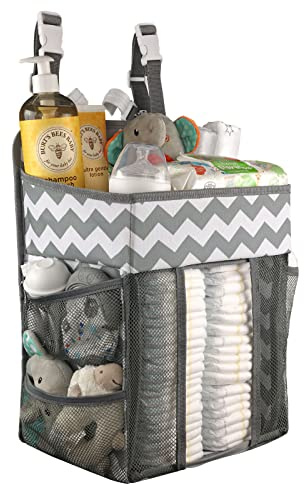 Babywards Hanging Diaper Caddy Organizer - Large Nursery Storage for Essential Newborn Baby Items - 2 Compartments, 3 Mesh Pockets - Durable Hooks to Hang on Bassinet, Changing Table, Crib