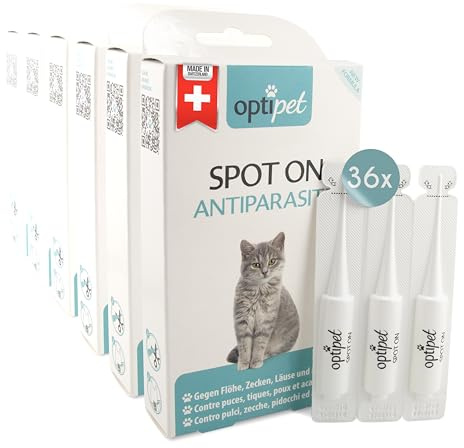 OptiPet Spot On Pipetten für Katzen 36x1ml - Hochwirksame Tropfen gegen Milben, Flöhe, Zecken & Läuse - Parasiten Abwehr Schutz bis zu 144 Wochen - Flohschutz, Zeckenschutz, Zeckenmittel für Katzen
