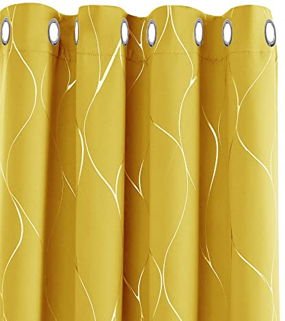 Deconovo Curtains, Eyelet Blackout Curtains, Home Decoration Thermal Insulated Curtains Wave Line Foil Printed Ring Top Curtains for Bedroom, 52 x 63 Inch(Width x Length), Mellow Yellow, 2 panels